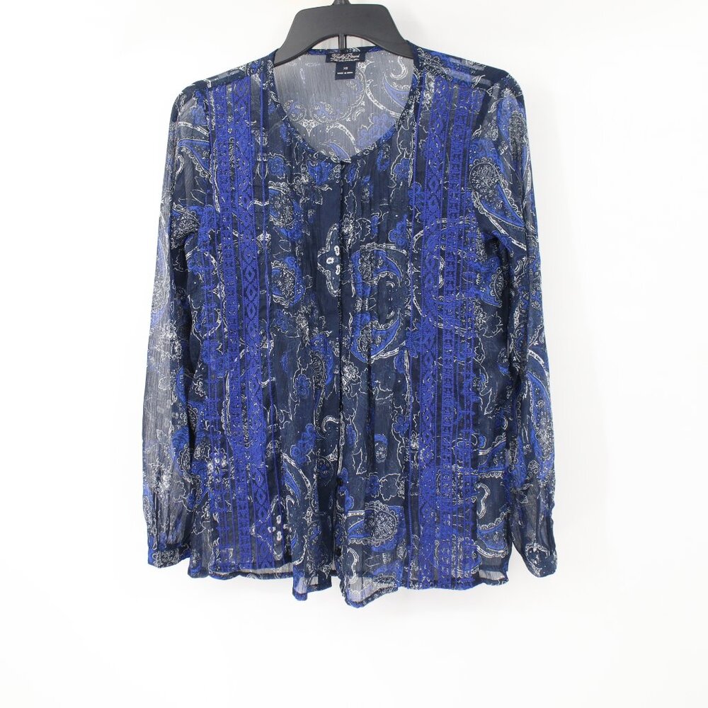 Lucky Brand top womens XS Embroidered aztec sheer Blouse Long Sleeve paisley
